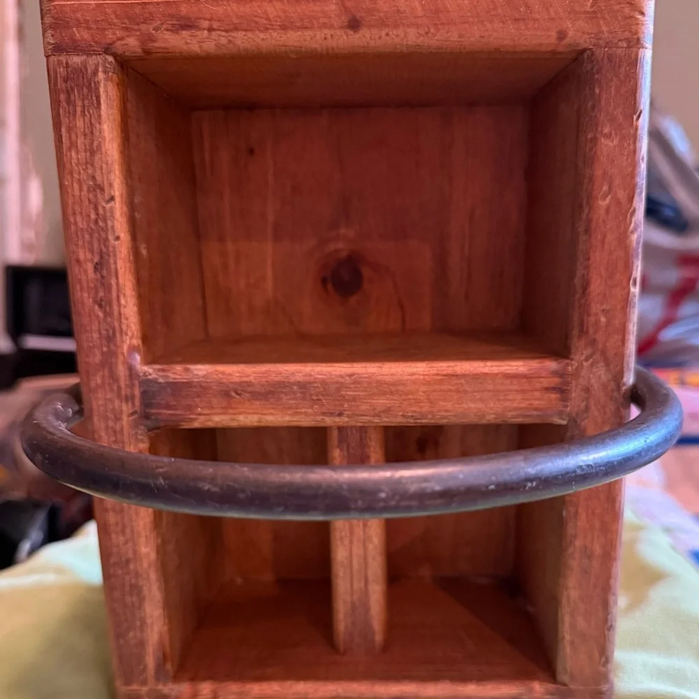 Handcrafted wooden caddy with four compartments and a wrought iron steel handle